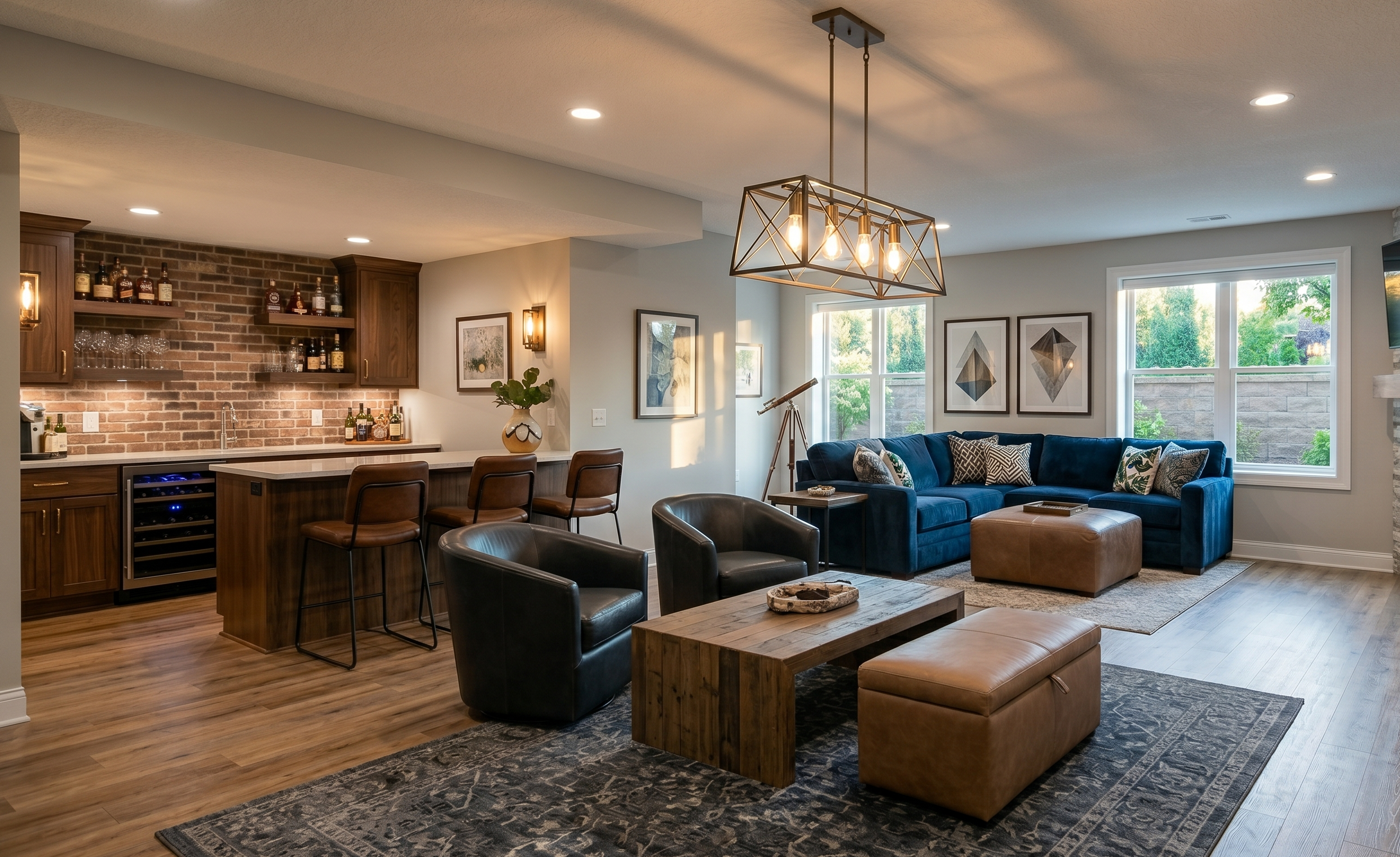 Finished basement remodel with lounge seating
